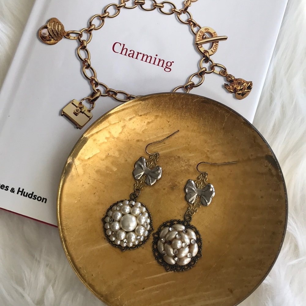 Vintage Earrings Dangle Gold Tone Faux Pearl Upcycled Mismatched Eclectic Unique